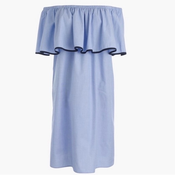 J. CREW Tipped Off The Shoulder Ruffle Blue Cotton Mini Dress XL - Picture 2 of 4
